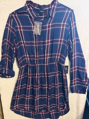 Express Navy, Burgundy & White Plaid Button-Up Shirt